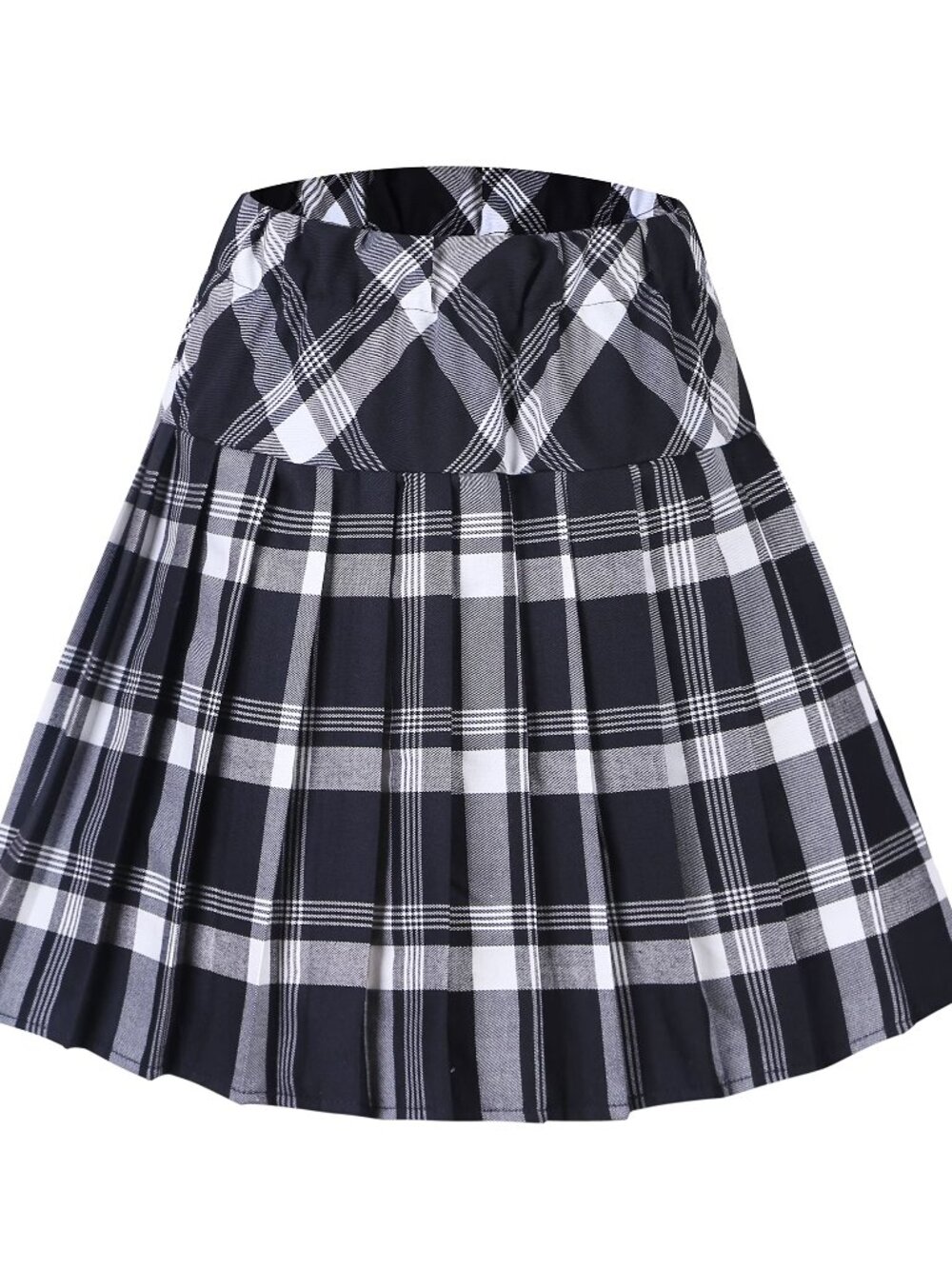 Black White Grey Plaid Pleated Mini Skirt Elastic Waist